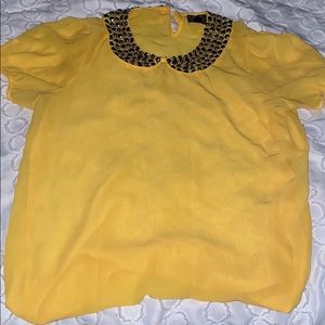 jewel collared cap sleeve yellow shirt
